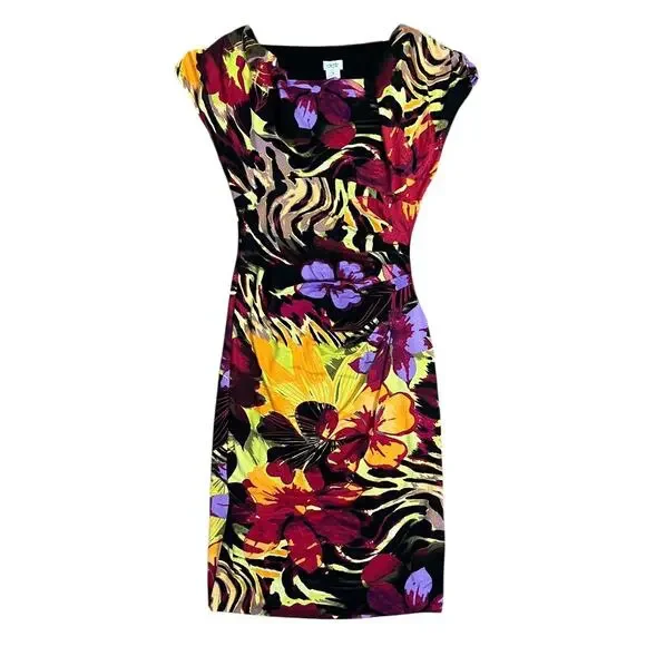 Vintage Cache Sheath Dress Size Small Bodycon Fitted Ruched Floral Purple